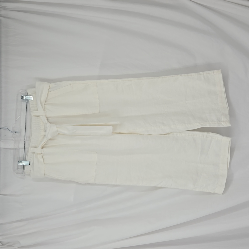 Lands' End White Linen Wide-leg Cropped High-Waisted Pants With Belt Size 8